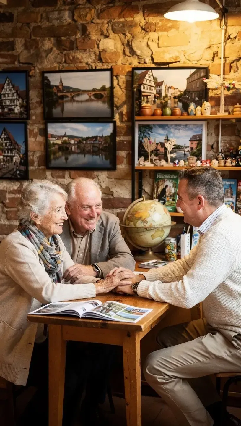 Reiselustige Kunden betrachten interaktive digitale Kartenstation zur Planung von Bundesland-Rundreisen.