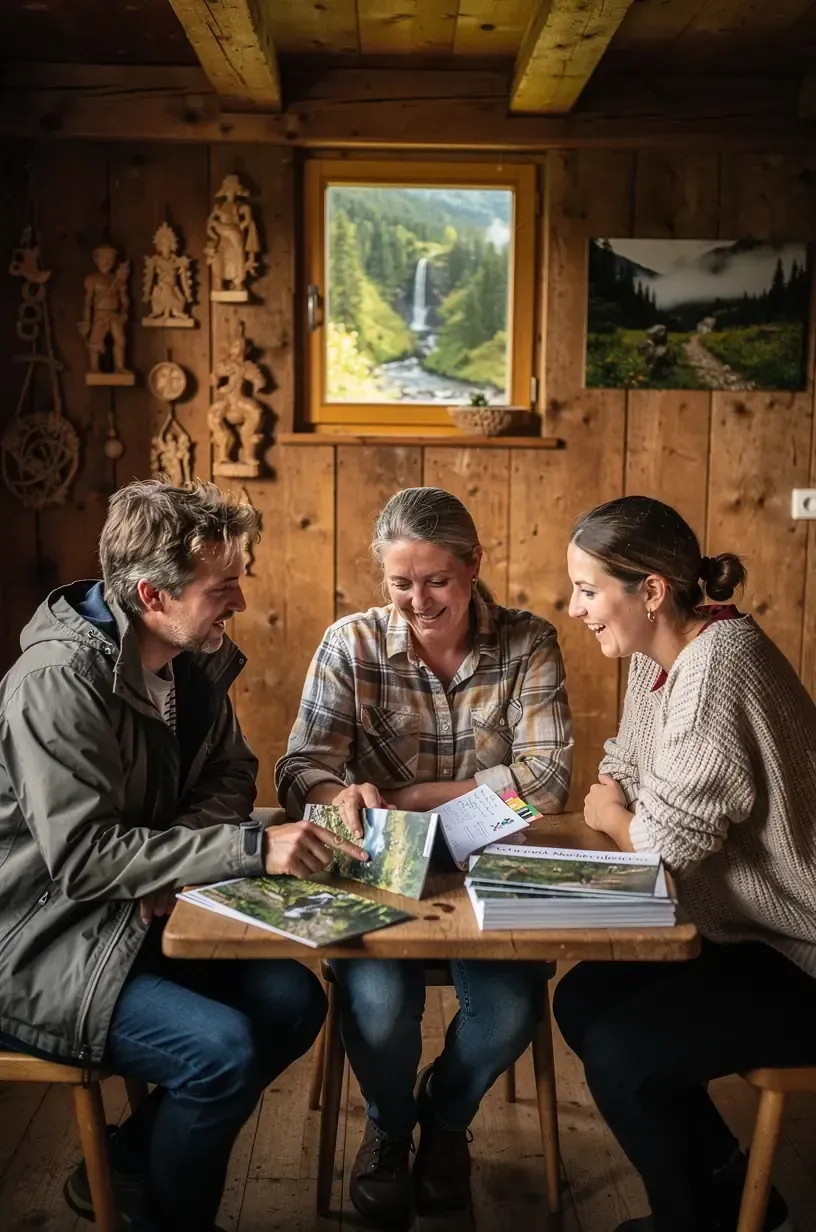 Gemütlicher Beratungstisch mit Broschüren und Informationsmaterialien zu regionalen Touren in Deutschland.